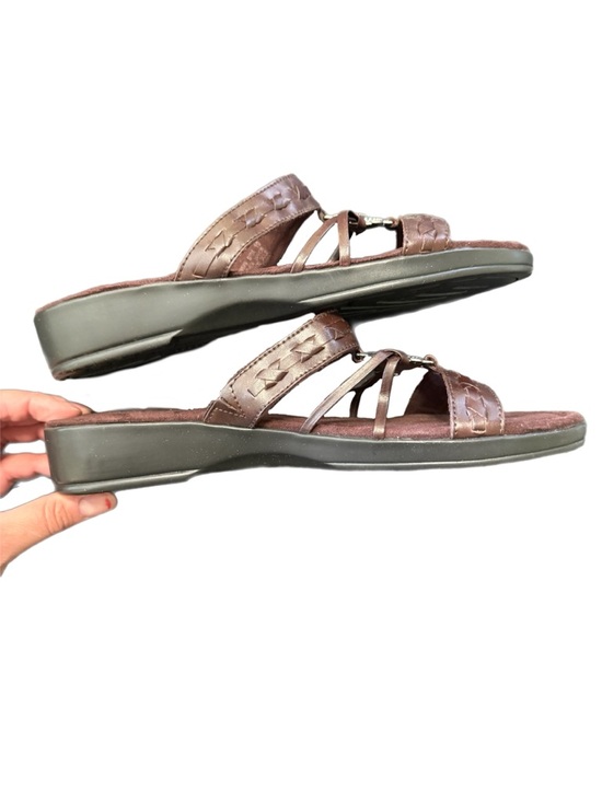 Minnetonka Sandals Brown Sabra Slides with Braided Leather Silver Accent - Picture 4 of 9